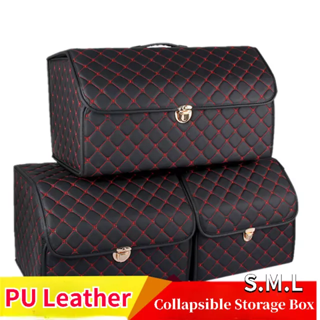 Car Trunk Storage Box Collapsible PU Leather Auto Organizer Bag with Metal Lock