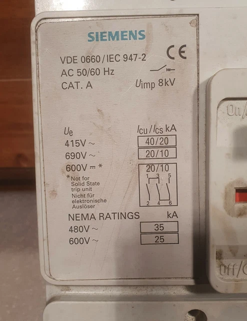 SIEMENS Leistungsschalter – VDE 0660/ICE 947-2, Ungebraucht, China