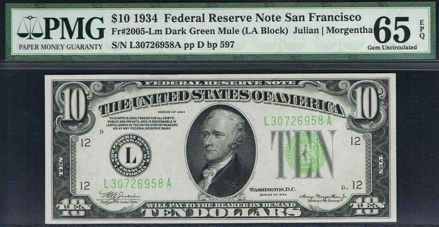 SAN FRANCIS MULE.  $10 1934 San Francisco mule FRN.  PMG 65 EPQ.  Rare