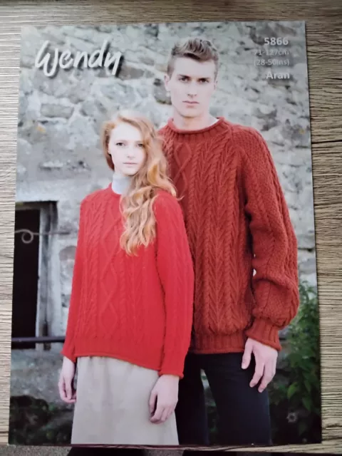 Wendy Knitting Pattern 5866. Unisex cable panel sweaters. Aran. 28-50 inch chest