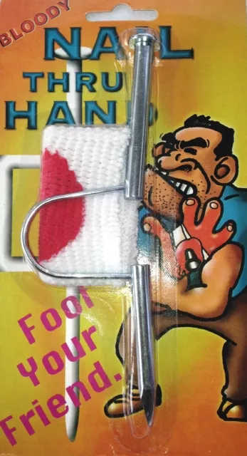 BIG NAIL THROUGH HAND 6" Spike Gag Joke Magic Trick Prank Thru Bloody Gauze Fake