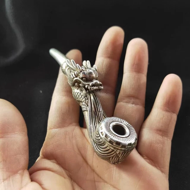 AMAZING VINTAGE Rare OLD Miao Silver Carved Dragon Head Pipe 10cm sd4