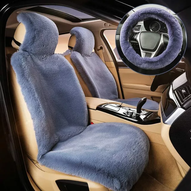 Faux Wool Car Seat Cushion Cover Set Wool Fur SUV Sheepskin Steering Wheel Cover