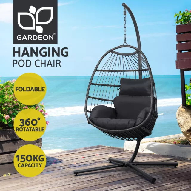 Gardeon Outdoor Egg Swing Chair Wicker Rope Furniture Pod Stand Foldable Grey