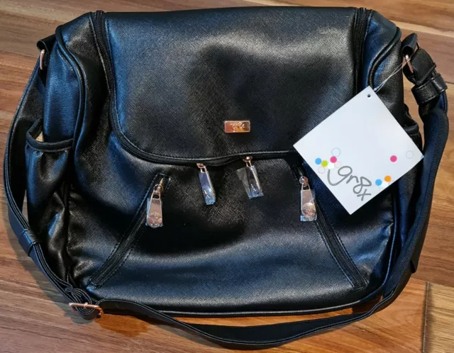 gr8x Zoe Vegan Leather Shoulder Strap Satchel Diaper Bag with Change Mat - Black 2