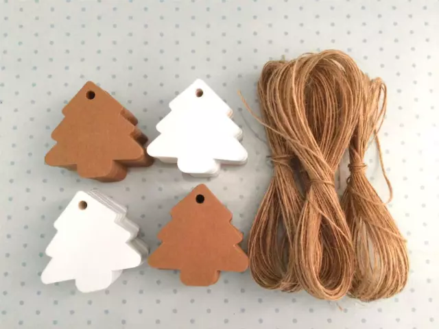 10/25/50/100 Christmas Tree Kraft White Paper Gift Tags Label + Free Strings