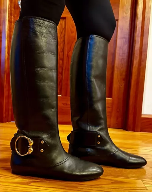 ALEXANDER McQUEEN Flat Black Leather Boots w/ gold skull buckle Sz 38