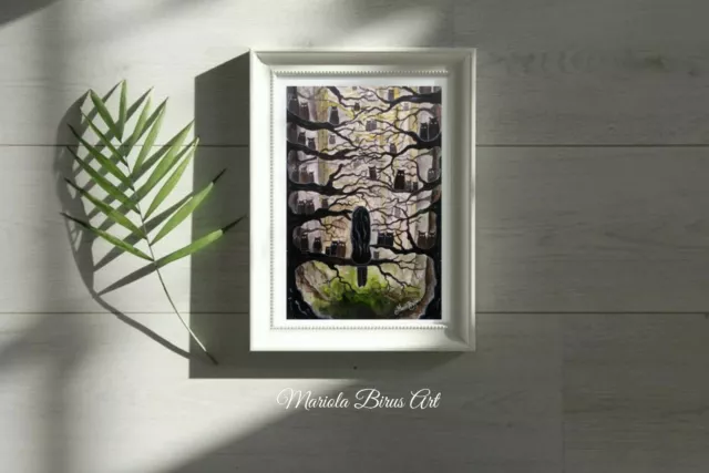 Dark Forest, 8,3"X6", Original watercolor  painting, Modern Art, 21x15cm,  owl 2