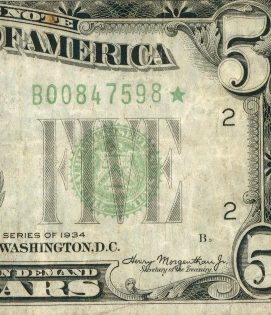 ** STAR ** $5 1934 Federal Reserve Note ** DAILY CURRENCY AUCTIONS FREE RETURN
