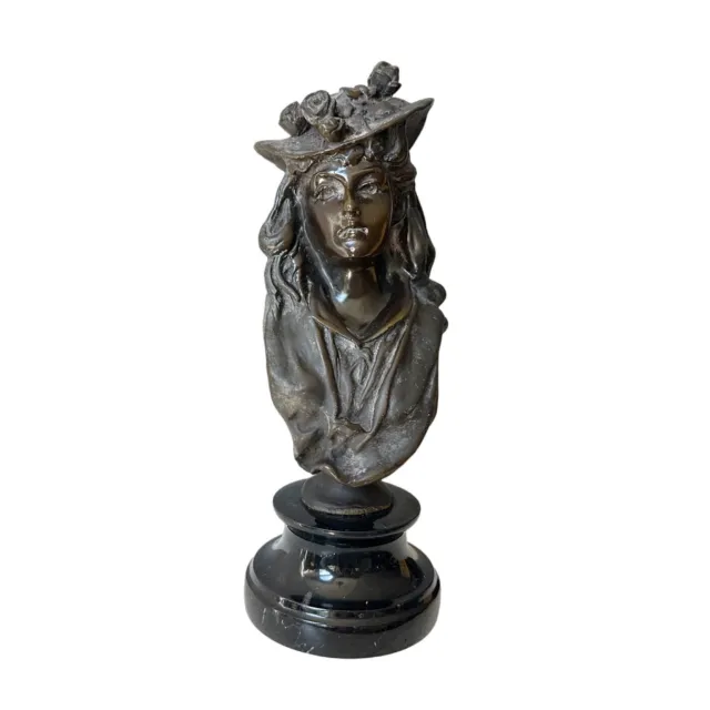 Antique Patinated Bronze & Marble Sculpture Bust Edwardian Girl W/Roses on Hat