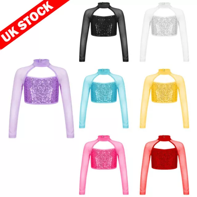 UK Girls Shiny Sequins Crop Top Long Sleeves Mock Neck Athletic Dance Tank Top