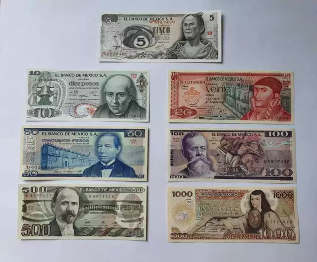 Banknotes Mexico Set/7 Pieces 5, 10, 20, 50, 100, 500, 1000 Pesos Uncirculated!!