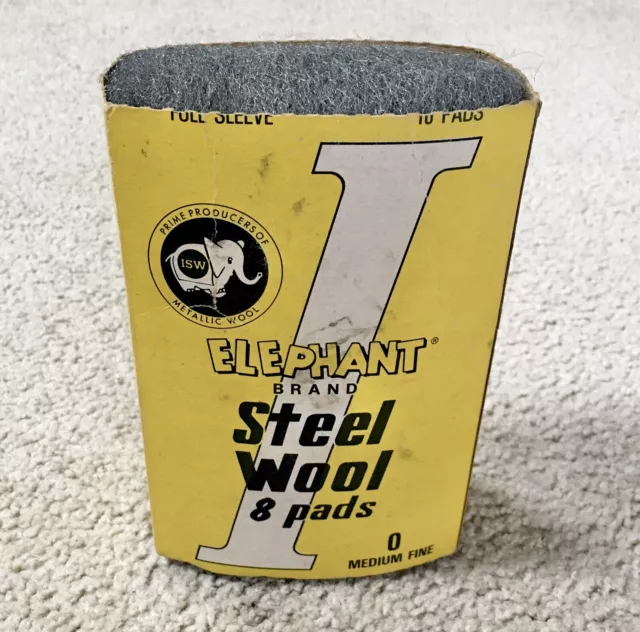 Vintage ELEPHANT BRAND Steel Wool Box With 8 Pads - 0 Medium Fine - COMPLETE!!