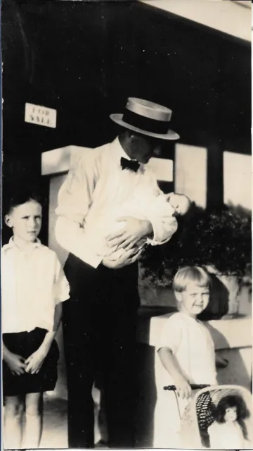 Man Baby Children Photograph 1930s Straw Boater Hat Outdoors 3 1/8 x 5 1/2
