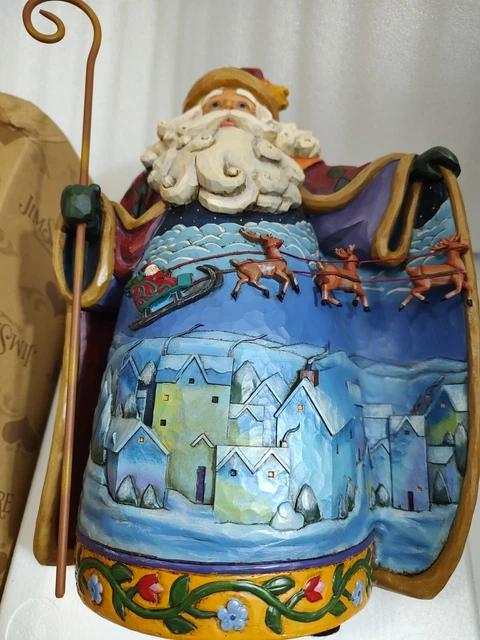 Enesco Jim Shore Heartwood Creek Santa / Santa Flying Over Town Scene Fig 12.25"