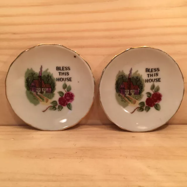 2x BLESS THIS HOUSE “Green” Beautiful Mini Floral Plates Decorative Ornaments