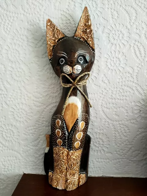 40cm Shabby Cat With Bow Tie Wooden Hand Carved made Statue Ornament Fair Trade