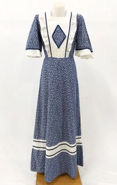 Handmade Vintage 70s Floral Print Lace Maxi Cottage core Dress Size 6 8 XS Retro