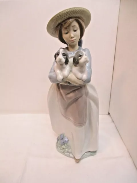 Lladro Nao Daisa 1991 Spain Girl w/ 2 Puppies Armful Porcelain Figurine Vintage