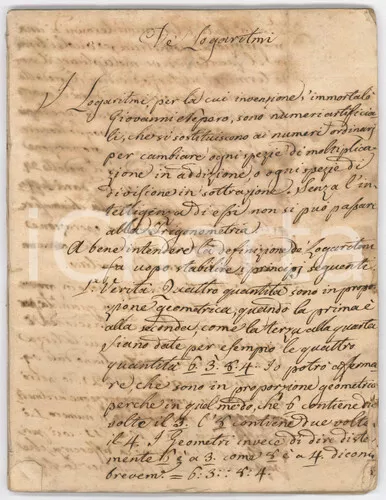 1830 ca MATEMATICA De' Logaritmi *Manoscritto "Dizionario di fisica" 60 pp.