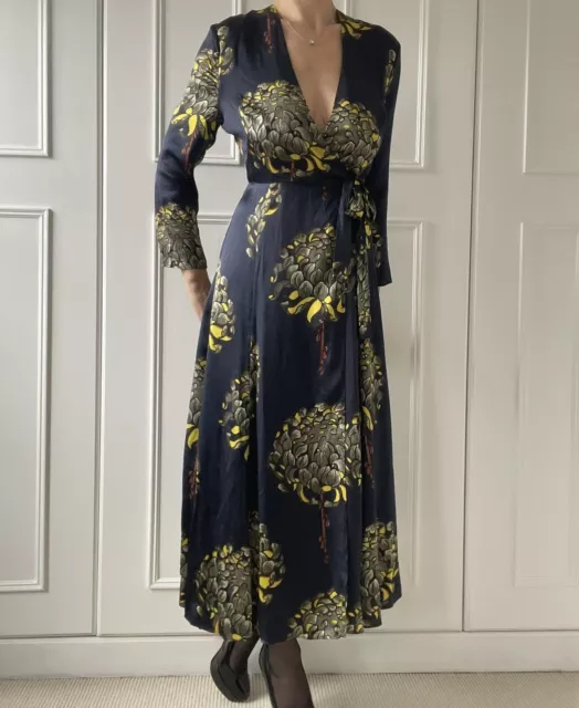 Whistles Gabrielle, Navy Blue Silk Wrap Dress Floral Print, Midi Dress Size 10
