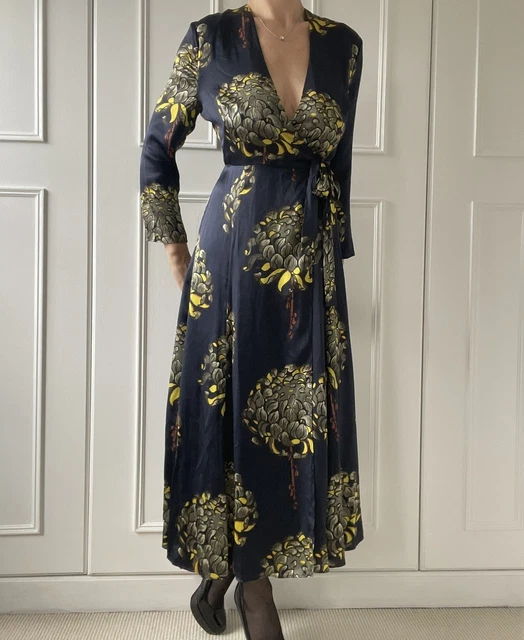 Whistles Gabrielle, Navy Blue Silk Wrap Dress Floral Print, Midi Dress Size 10