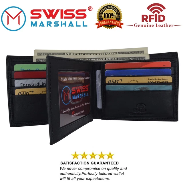 RFID Blocking Mens Genuine Leather Black Flap Credit Card ID Holder Slim Bifold