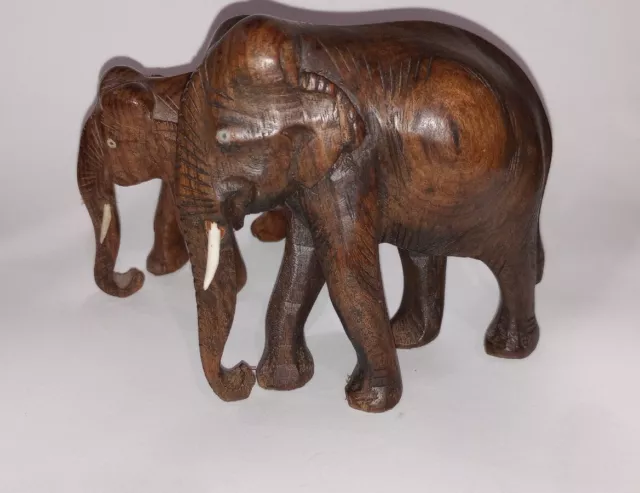 2 Wooden Wood Hand Carved Elephants White Tusks Lucky Trunk Up 3.5” & 2.25”
