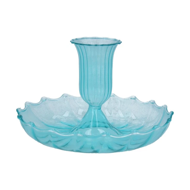 Portavelas de vidrio acanalado azulado, bonito plato para velas, candelabro azul,