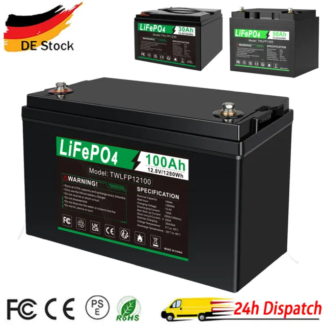 12V 30Ah 50Ah 100Ah Lithium Batterie LiFePO4 Akku BMS Wohnmobil Solaranlage RV