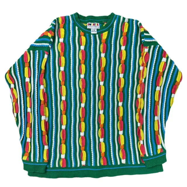 Vintage Knit Jumper 100% Cotton Coogi Style Abstract Green Mens L/XL