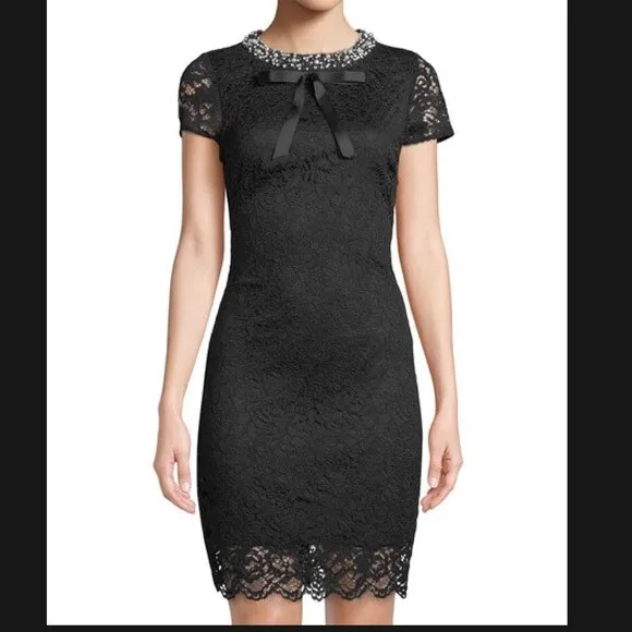 NEW Betsey Johnson Black Embellished Lace Dress Jewel Collar Pearl Rhinestone 6