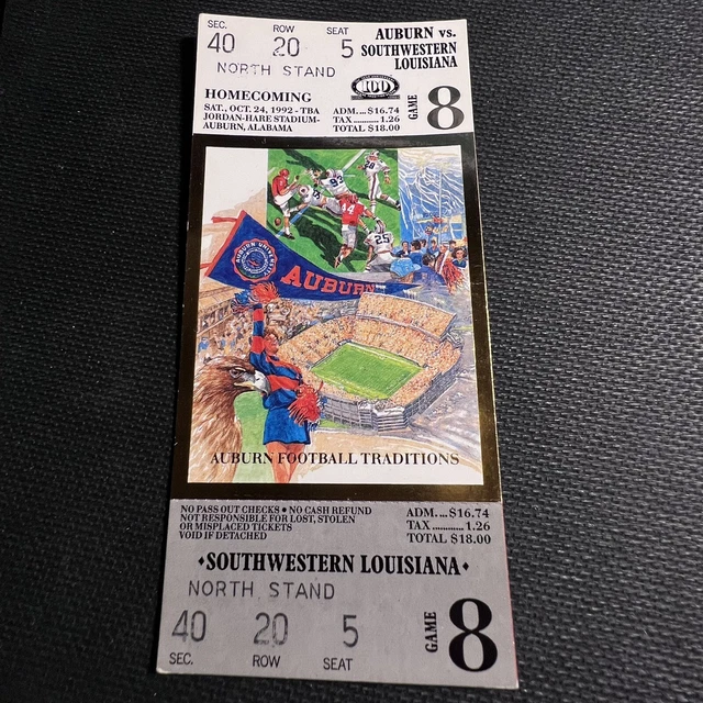1992 Auburn vs Southwestern Louisiana football FULL ticket stub SEC NCAA