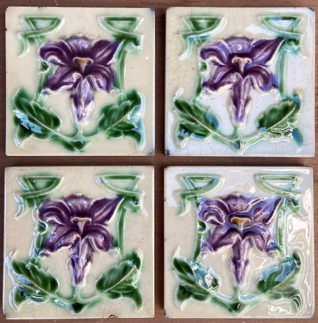 3X3  England Antique Art Nouveau Majolica 4-Set Tile C1900