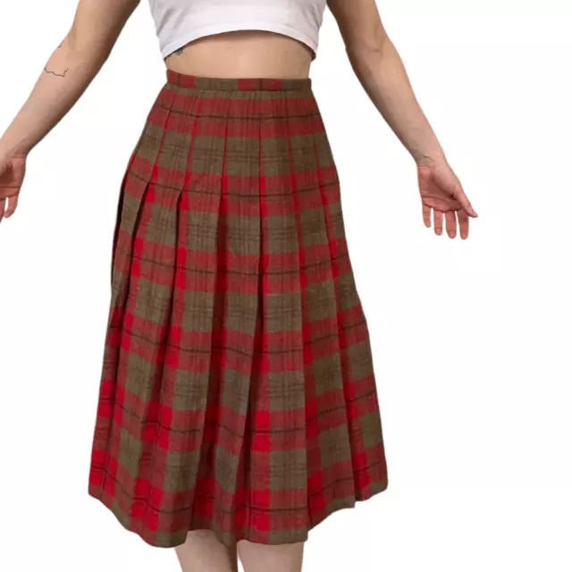 VTG '50s Red Tartan Plaid Pleated Midi Skirt Wool High Waisted XS 24-25" Waist
