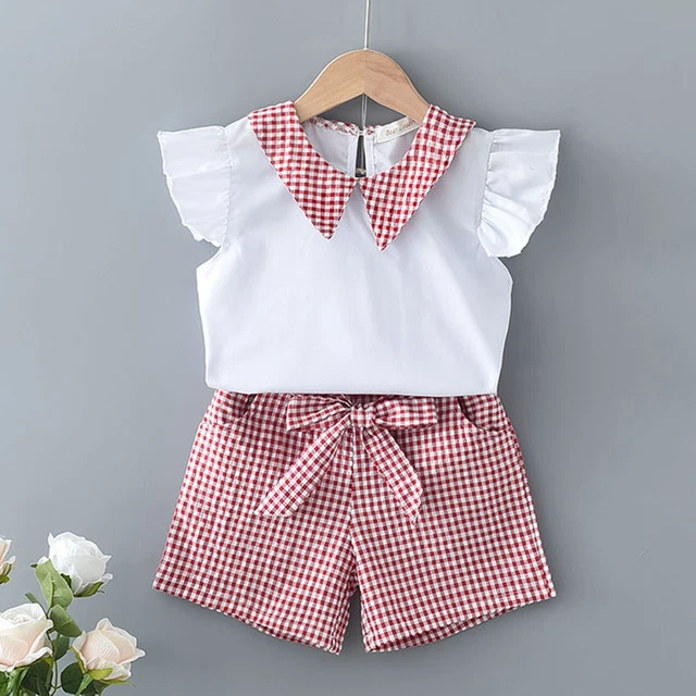 Toddler Kids Baby Girls Ruffle Short Sleeve Tops Plaid Bow Shorts 2PCS Outfits