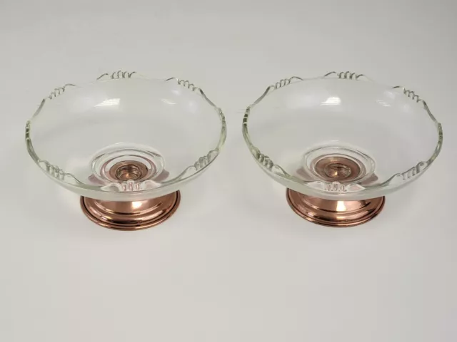 2 Vintage Princess House Scalloped Glass Candy Nut Dish Bowl w/Copper Base 6"