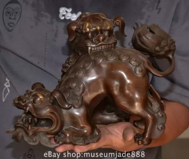 10.4 " Chinese Bronze Carving Dynasty Fengshui Fu Foo Lion Statue Sculpture