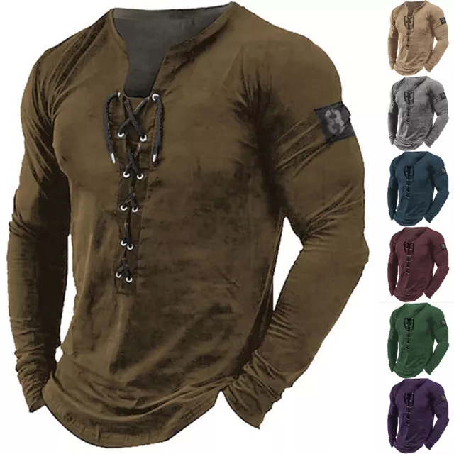 Mens Lace Up Long Sleeve T-Shirt Gym Fitness Muscle Slim Fit Shirts Tops Blouse