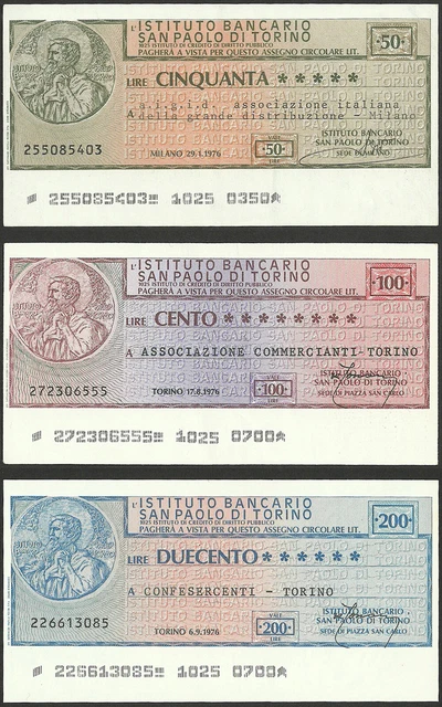 3x ISTITUTO BANCARIO SAN PAOLO TORINO 50 100 200 MINIASSEGNI 1976 ITALY NOTGELD