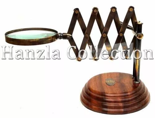 Vintage Style Brass Desk Top Chainner Magnifying Glass Magnifier W/ Wooden Base
