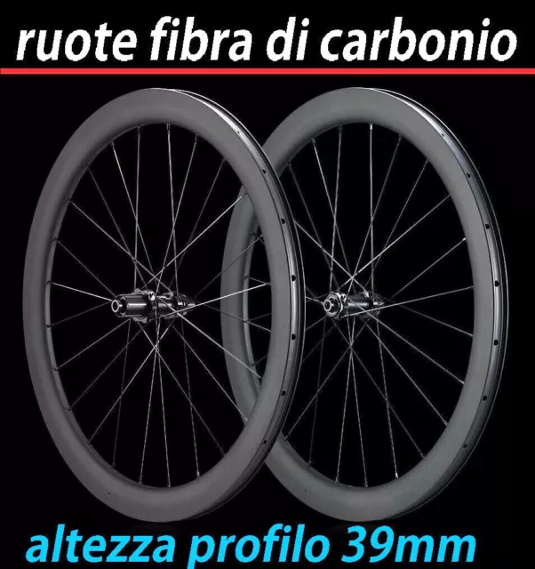 COPPIA CERCHI FIBRA CARBONIO 2 RUOTE 700c BICI CORSA STRADA FRENI PATTINI/DISCO