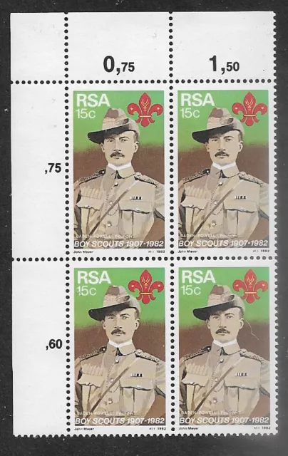 SOUTH AFRICA 1982 75th Ann BOY SCOUTS Baden Powell CORNER BLOCK OF 4