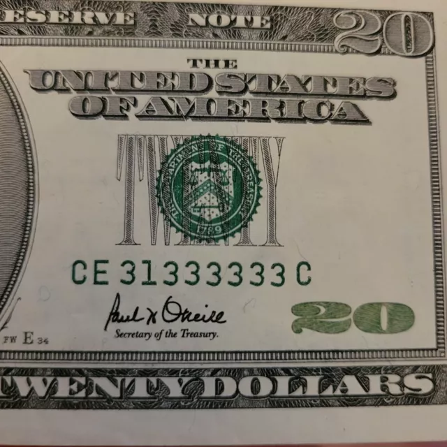 👀CE 313333333-  $20 Dollar Bill 2001 Circulated NEAR SOLID CE 313333333💥👀
