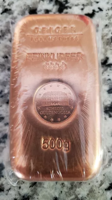 1 500 Gram .999  Pure Copper Bar - Geiger Edelmetalle 500g 999.9 Rare Bullion
