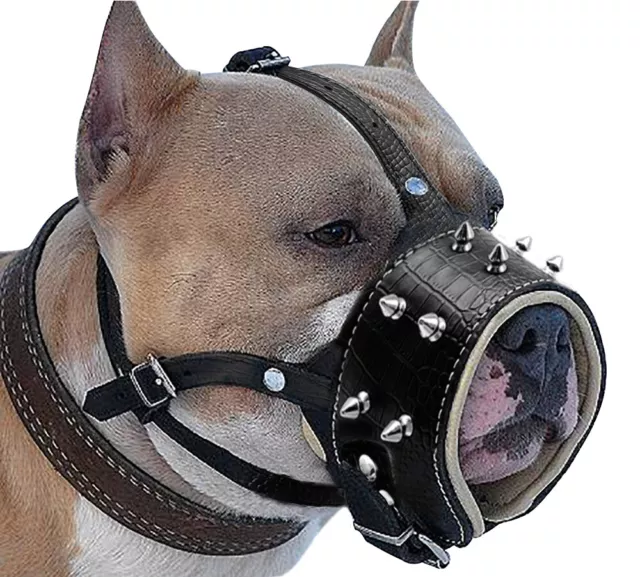 NO Biting Barking Spiked Studded Leather Dog Muzzle for Pitbull Secure Basket