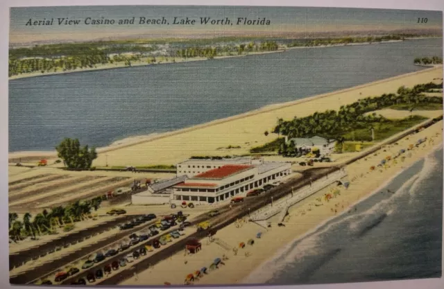 Aerial View Casino and Beach Lake Worth Florida Linen Postcard Unposted FL