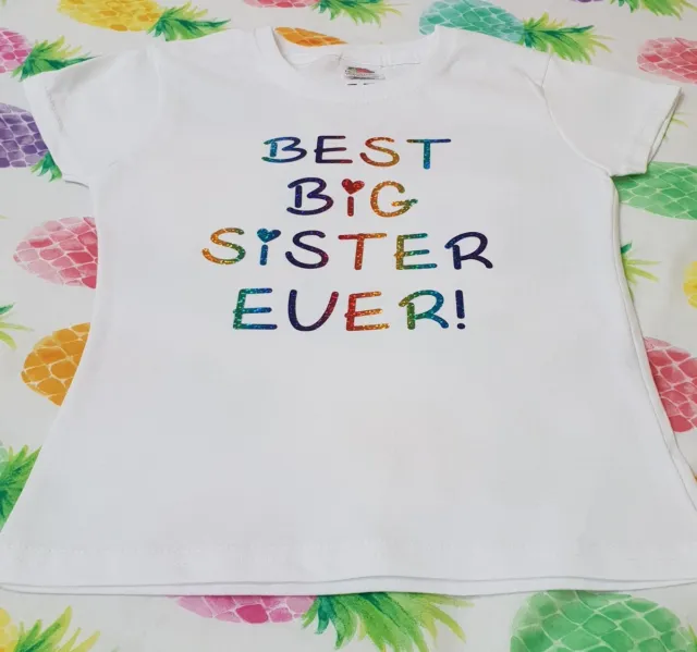 Best Big Sister Ever Girls T-shirt outfit top genere rivelazione festa REGALO arcobaleno 4