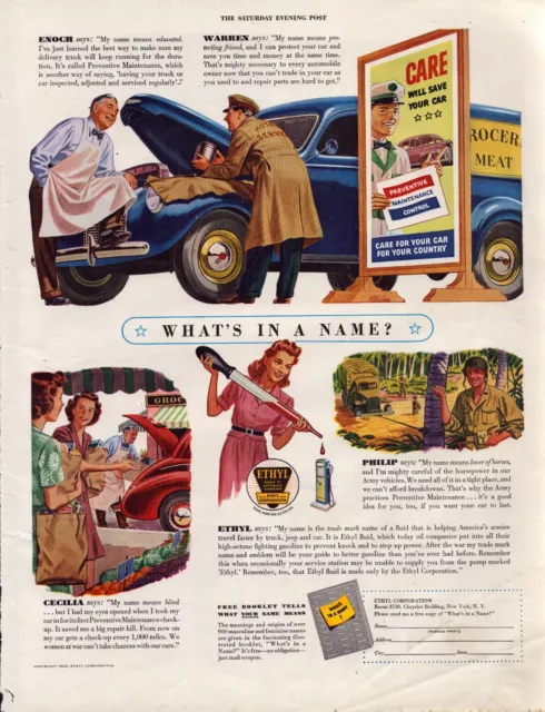 1943 Ethyl Corp WWII Print Ad What's In A Name Service Station Fill Up Cars