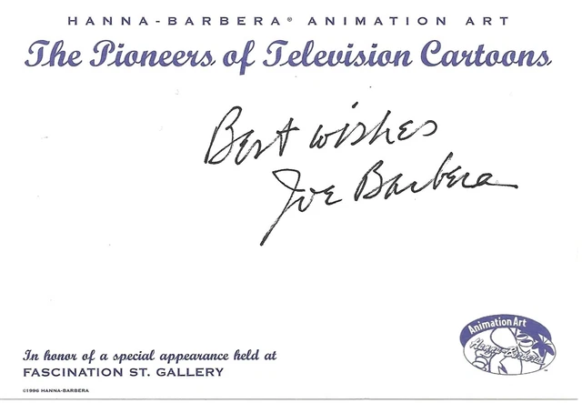 Joe Barbera Autograph 1996 Fascination 4x6 Card Hanna-Barbera Cartoons Signed